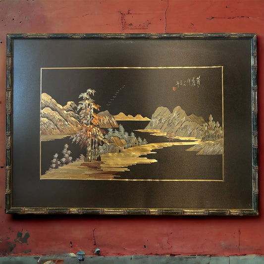 Mid Century Japanese Wood Marquetry Painting