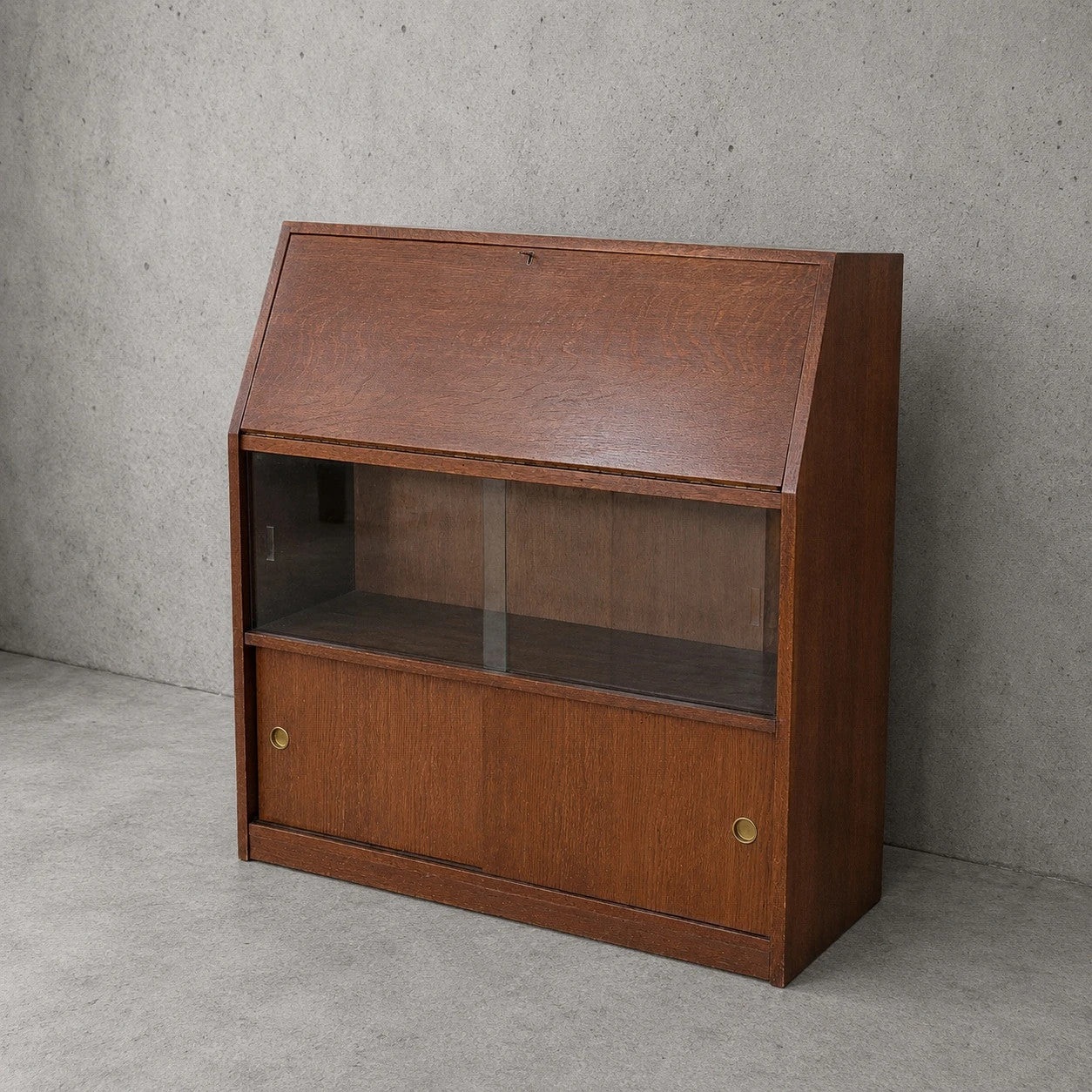Mid Century Tiger Oak Bureau Bookcase Display Cabinet