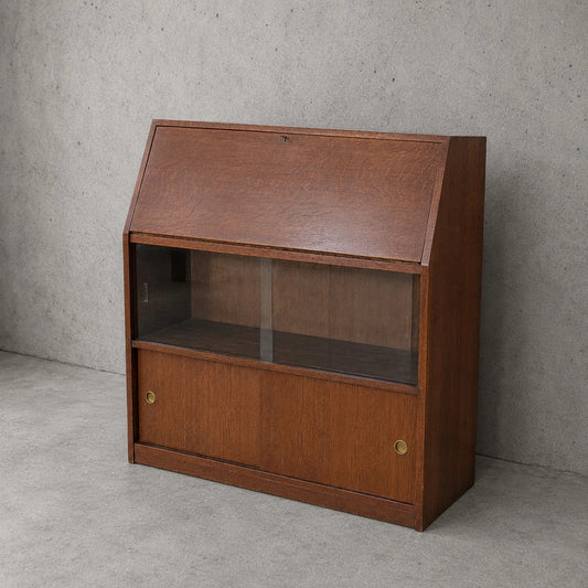 Mid Century Tiger Oak Bureau Bookcase Display Cabinet