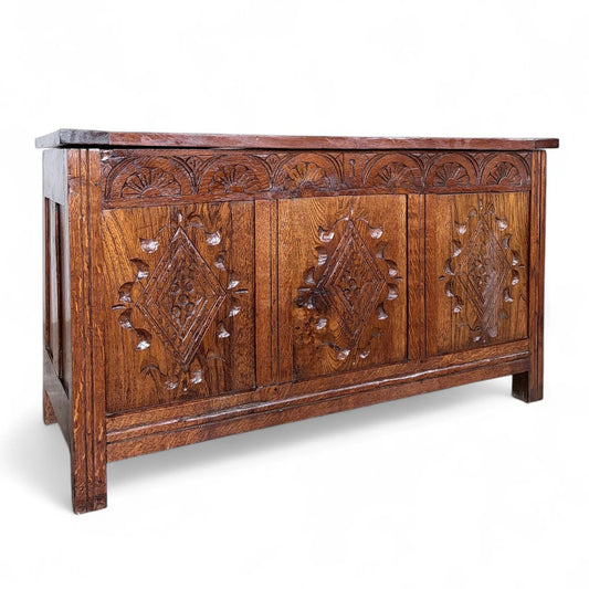 Antique Style Carved Oak Blanket Box | Vintage Storage Chest