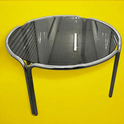 Mid Century Smoked Glass and Chrome Round Coffee Table