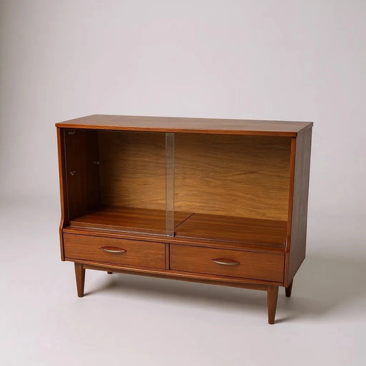 Mid-Century Jentique Teak Display Cabinet with Sliding Glass Doors & Drawers