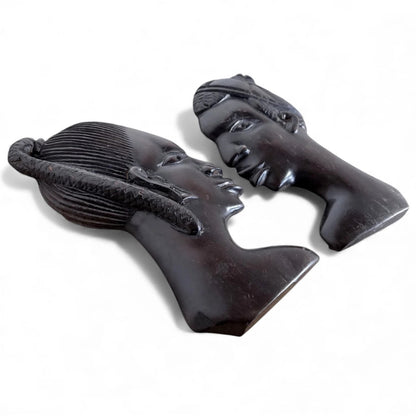 Pair of Vintage Ebonised Wood Busts – Hand-Carved African Figures
