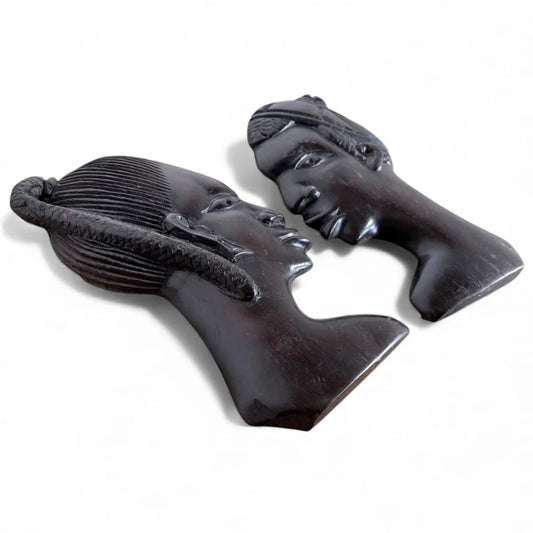 Pair of Vintage Ebonised Wood Busts – Hand-Carved African Figures