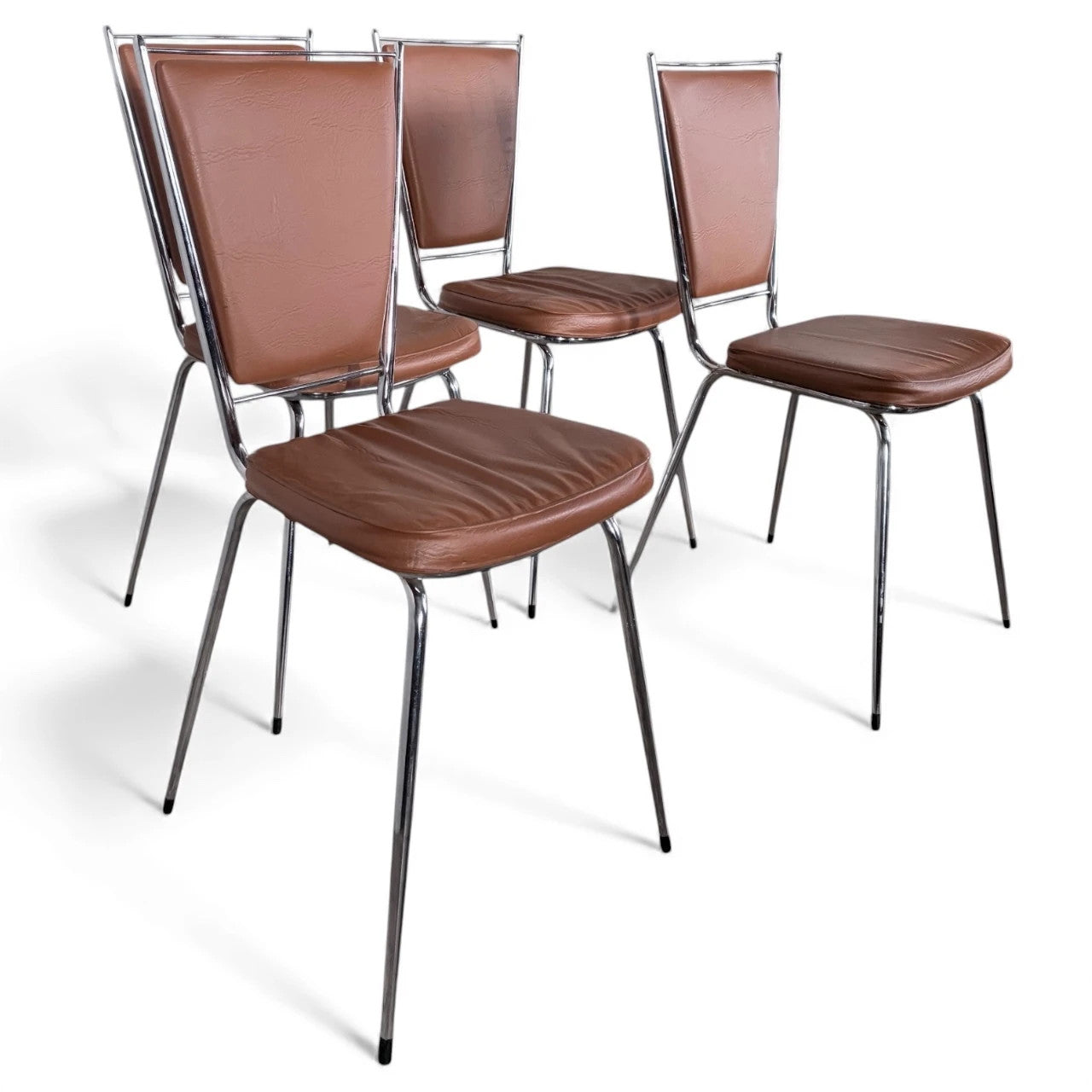 Chrome Dining Chairs - Set of Four Vintage 1970s French Leatherette Upholstery