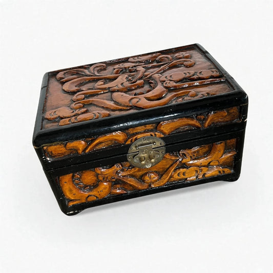 Vintage Camphor Wood & Ebony Storage Box – Hand-Carved Decorative Lock Box