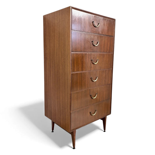 Mid Century Chest Drawers - Walnut Tallboy Dresser With Six Drawers & Brass Handles