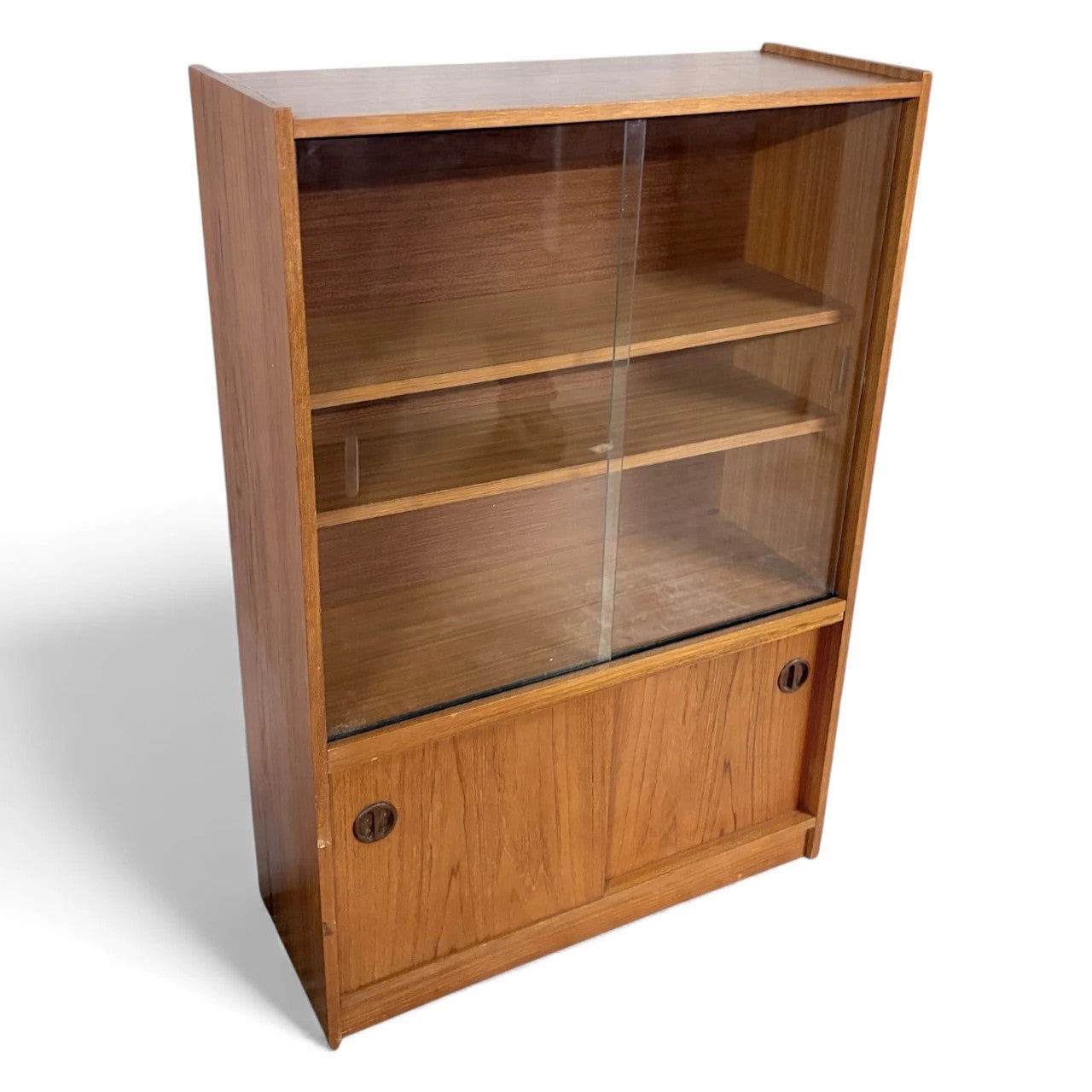 Danish Sliding Glass Bookcase | Mid Century Teak Veneer Cabinet With Adjustable Shelving