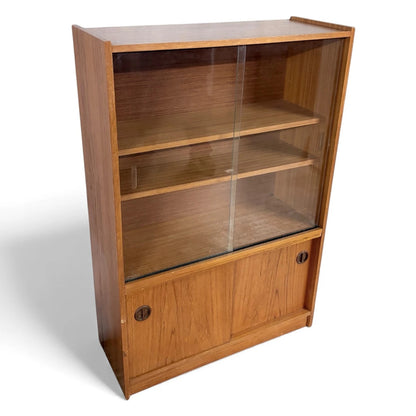 Danish Sliding Glass Bookcase | Mid Century Teak Veneer Cabinet With Adjustable Shelving