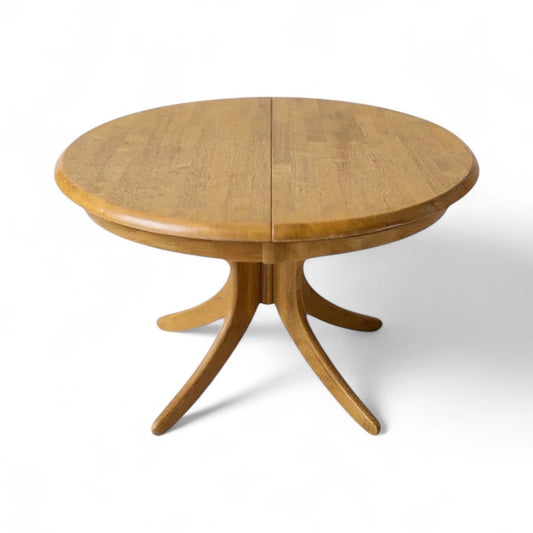 Mid Century Modern Vintage Blonde Wood Extending Pedestal Round Dining Table