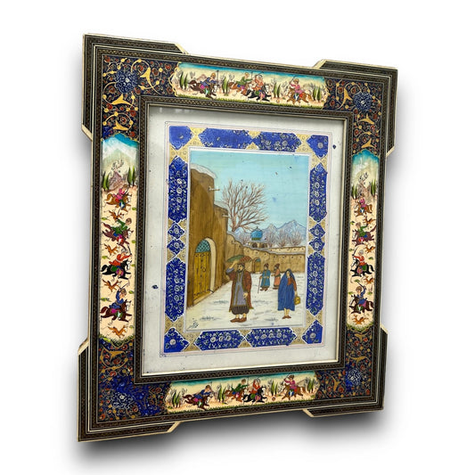 Vintage 1950s Persian Khatam Mosaic Art Watercolour Painting