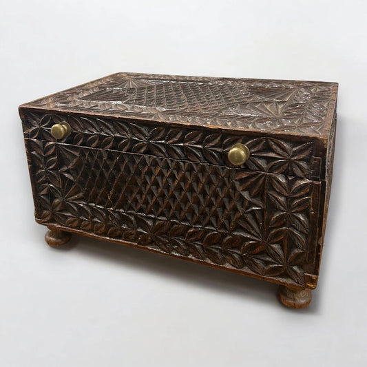 Vintage 1950s Indian Carved Wood Jewellery Box