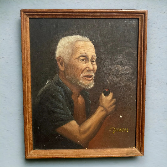 Vintage 1970s Chinese Old Man Art Oil Painting