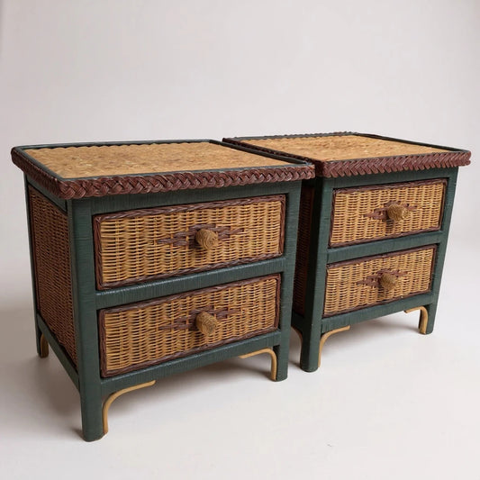 Pair of Vintage Wicker & Rattan Bedside Tables – Boho Nightstands