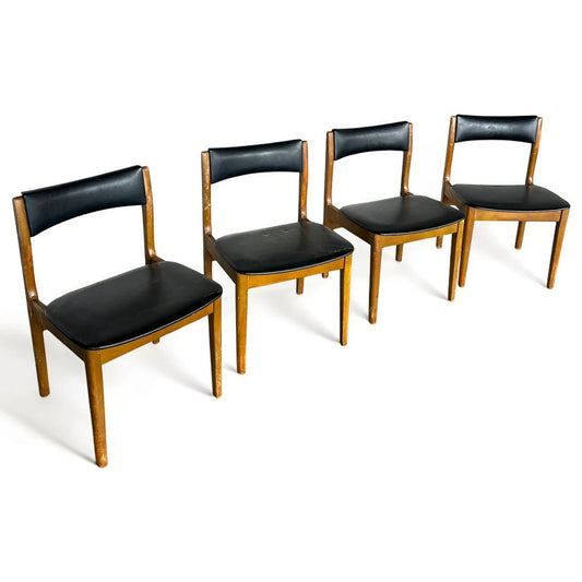 Mid Century Modern Teak Wood and Black Vinyl Set of Four Dining Chairs