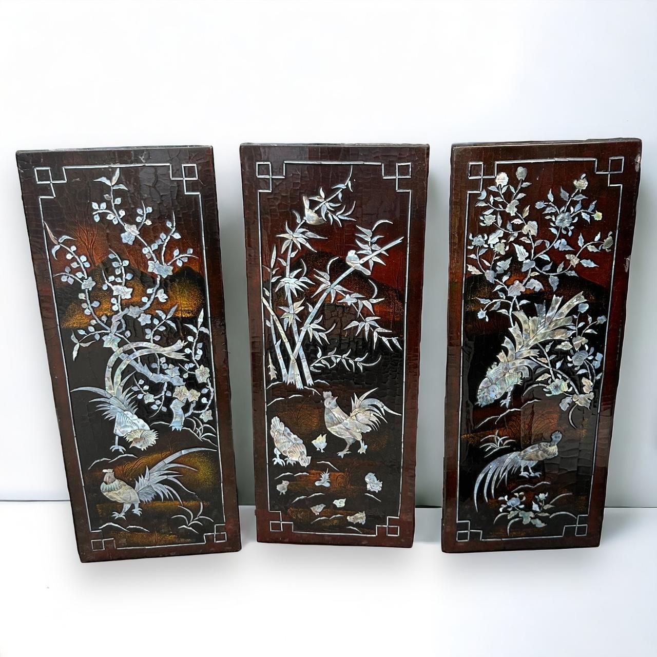 Antique Set of 3 Mother of Pearl Iridescent Wall Panels