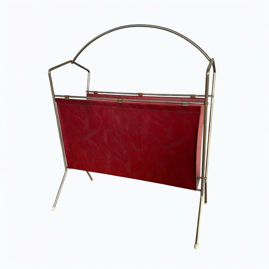 Mid-Century Modern Leather and Brass Italian Magazine Rack Vintage Storage