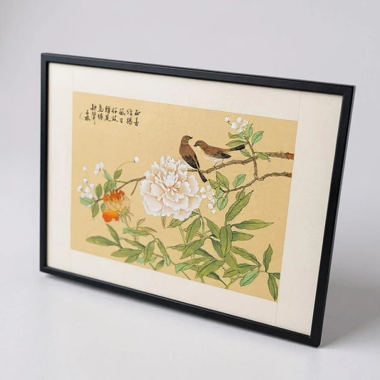 Vintage 1960s Chinese Birds Nature Silk Art Framed Painting