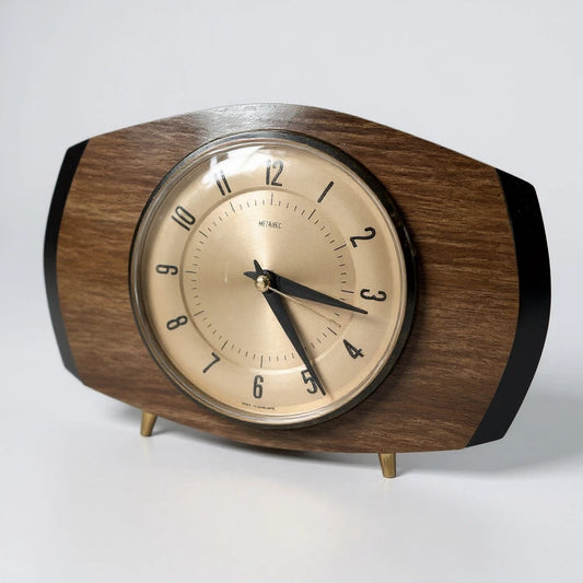 Vintage Metamec Mantel Clock – Mid Century Modern Teak & Brass Atomic