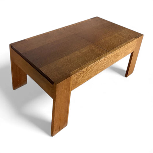 French Tiger Oak Sliding-Top Coffee Table – Mid-Century Modern Storage Table
