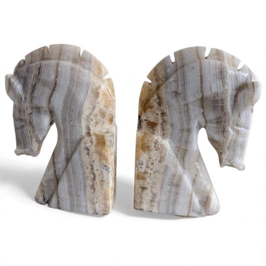 Vintage Onyx Horse Head Bookends – Natural Stone Carvings