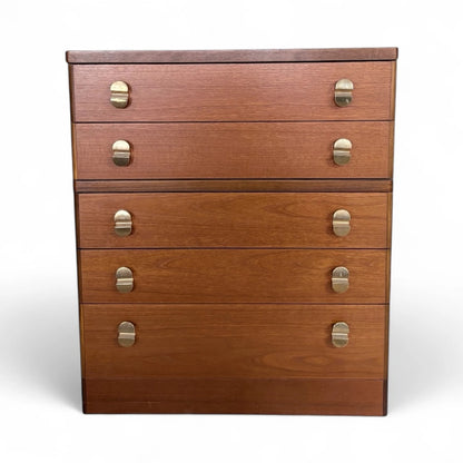 Mid Century Vintage Stag Teak Chest of Drawers with Brass Handles