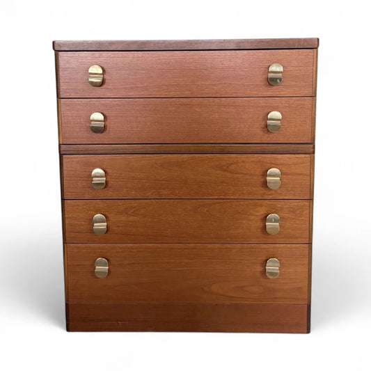 Mid Century Vintage Stag Teak Chest of Drawers with Brass Handles