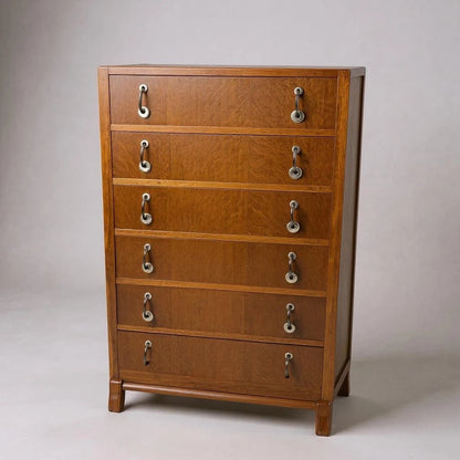 Mid Century Modern Oak Wood Tallboy Chest of Drawers
