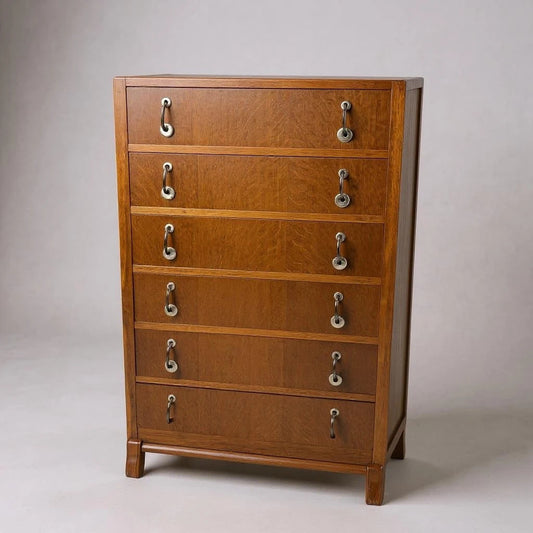 Mid Century Modern Oak Wood Tallboy Chest of Drawers