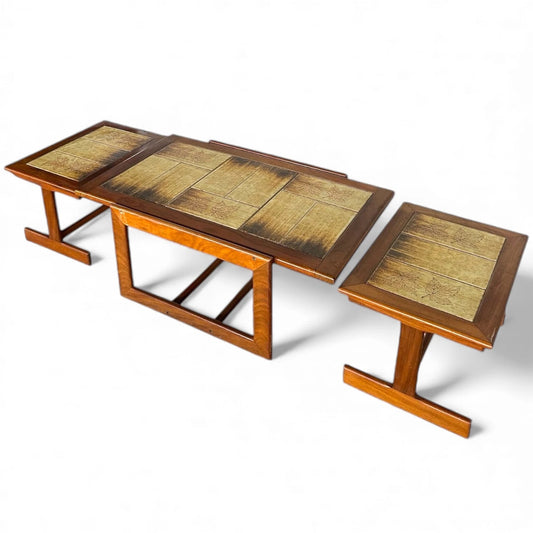 Mid Century Danish Nesting Tables | Teak & Ceramic Tile Coffee Table Set