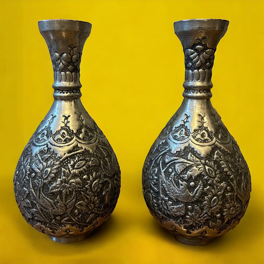Vintage 1950s Persian Silver Copper Pair of Vases