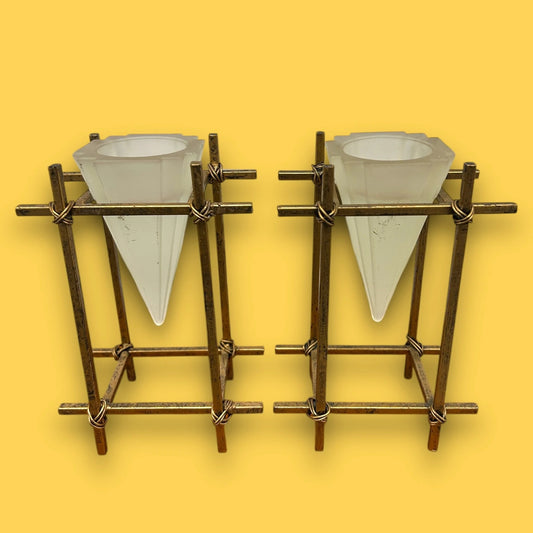 Vintage 1950s Pair of Art Deco Brass and Crystal Candle Holders