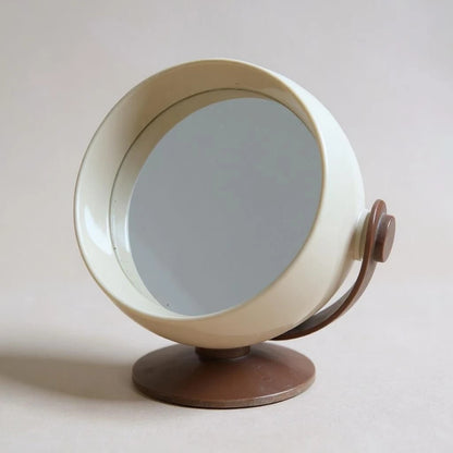Mid Century Space Age Chocolate Brown and Cream Tabletop Revolving Vanity Mirror
