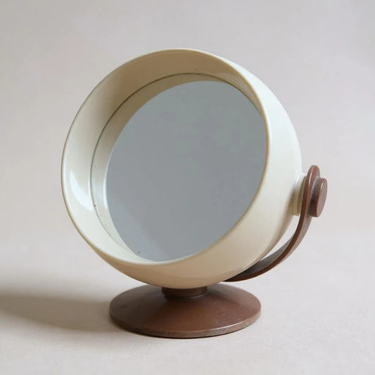 Mid Century Space Age Chocolate Brown and Cream Tabletop Revolving Vanity Mirror