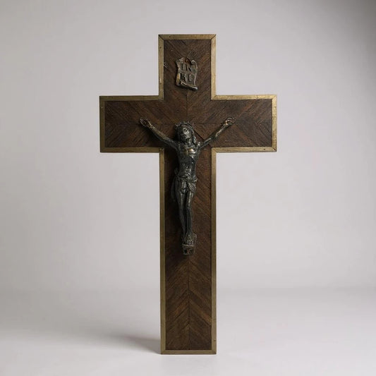 Vintage 1960s Wooden Marquetry Jesus Christ Crucifix
