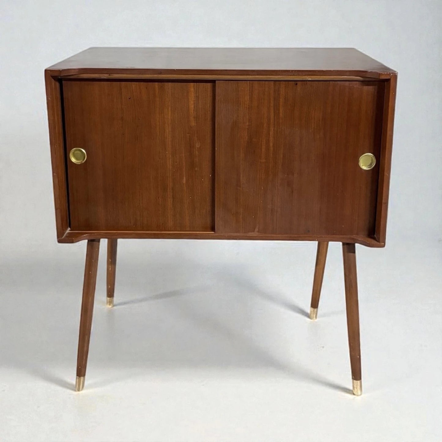 Mid-Century Record Cabinet – Teak Sliding Door Cabinet With Brass Legs
