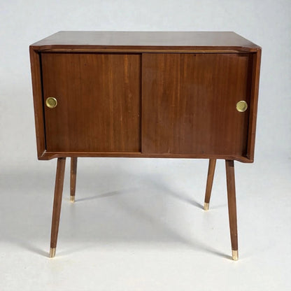 Mid-Century Record Cabinet – Teak Sliding Door Cabinet With Brass Legs