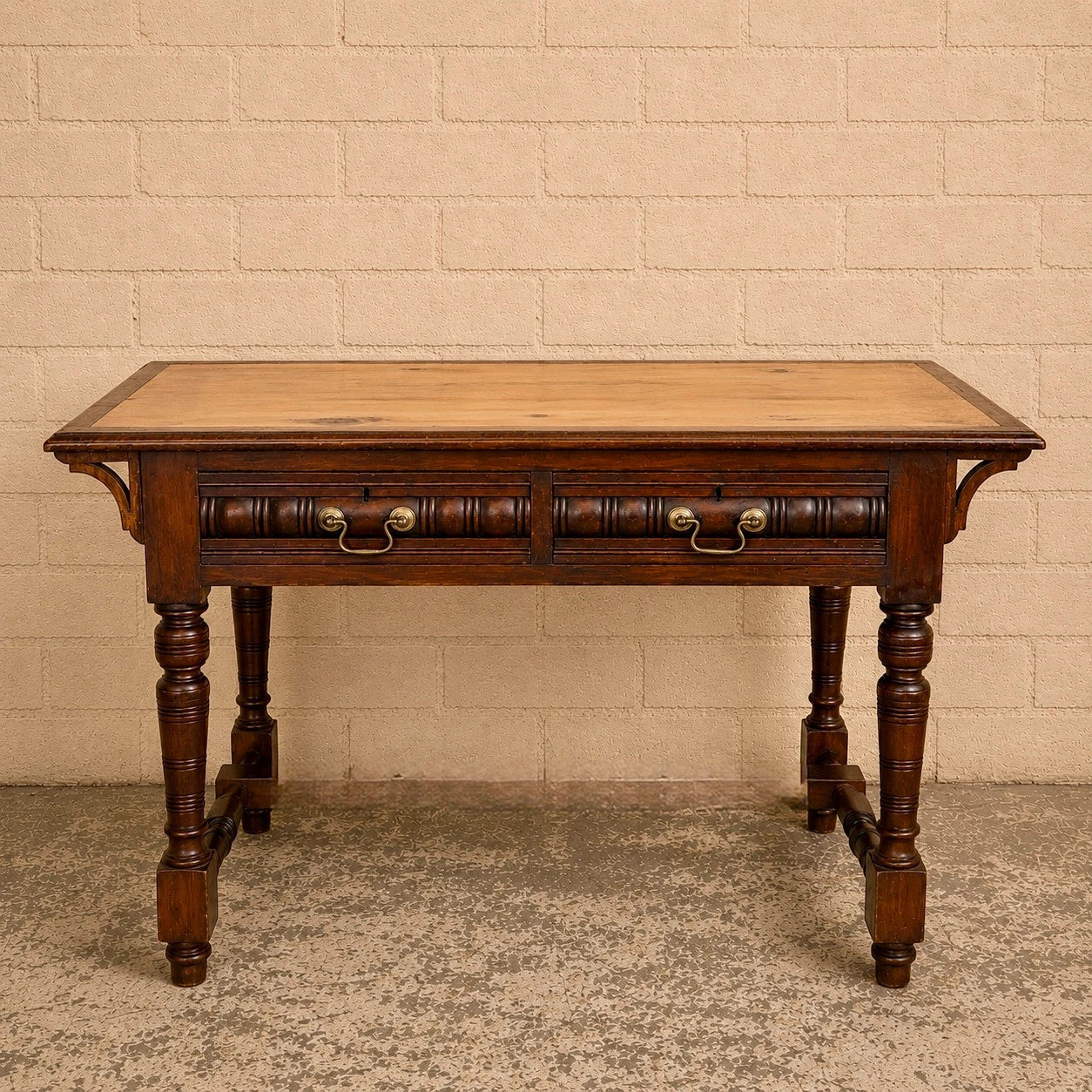 Vintage Pine & Mahogany Console Table with Brass Handle Drawers