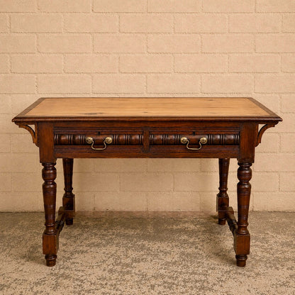 Vintage Pine & Mahogany Console Table with Brass Handle Drawers
