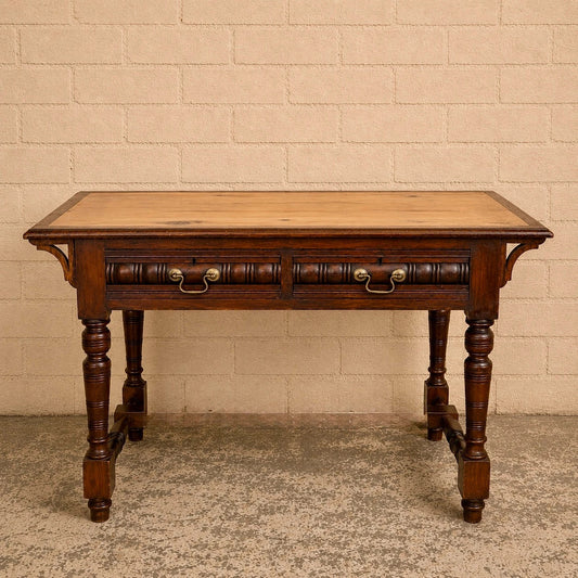 Vintage Pine & Mahogany Console Table with Brass Handle Drawers