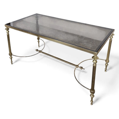 Vintage Brass and Smoked Glass Coffee Table – Hollywood Regency Rectangular Table Mid-Century