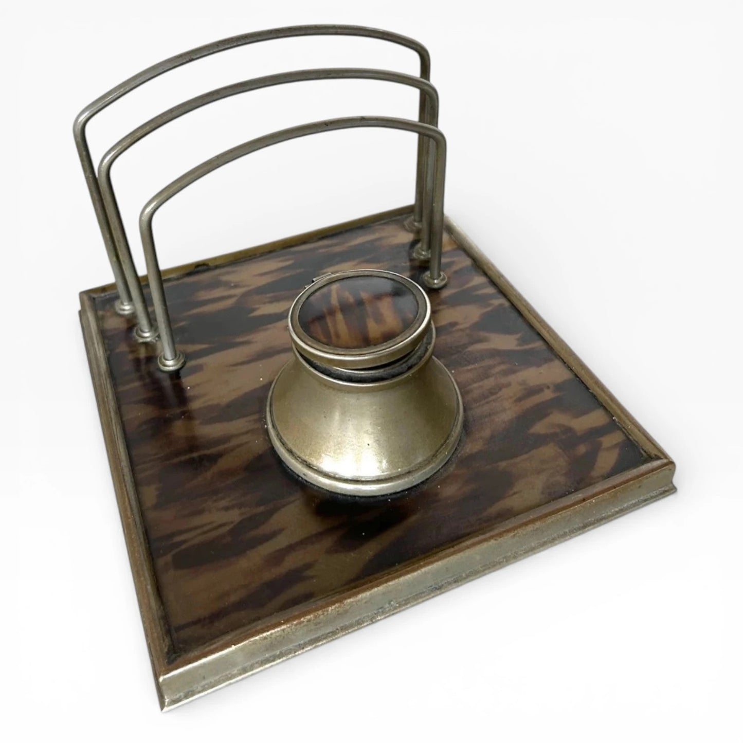 Tortoiseshell Ink Well | 19th Century Antique Desk Organiser with Aged Metal Detailing