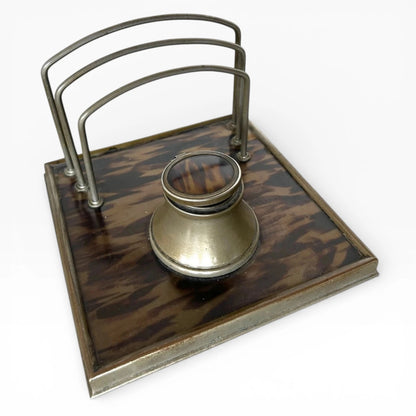 Tortoiseshell Ink Well | 19th Century Antique Desk Organiser with Aged Metal Detailing