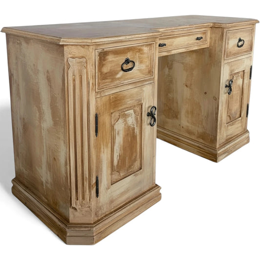 Vintage Pine Writing Desk – Rustic Farmhouse Pedestal Desk with Cupboards & Storage Drawers