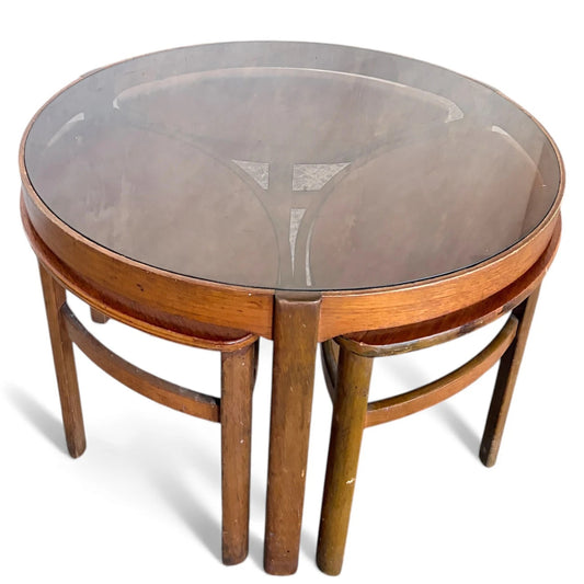Nathan “Trinity” Nest of Tables – Mid-Century Teak with Smoked Glass Top
