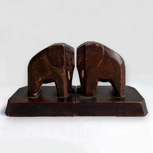 Mid century carved wood elephant bookends