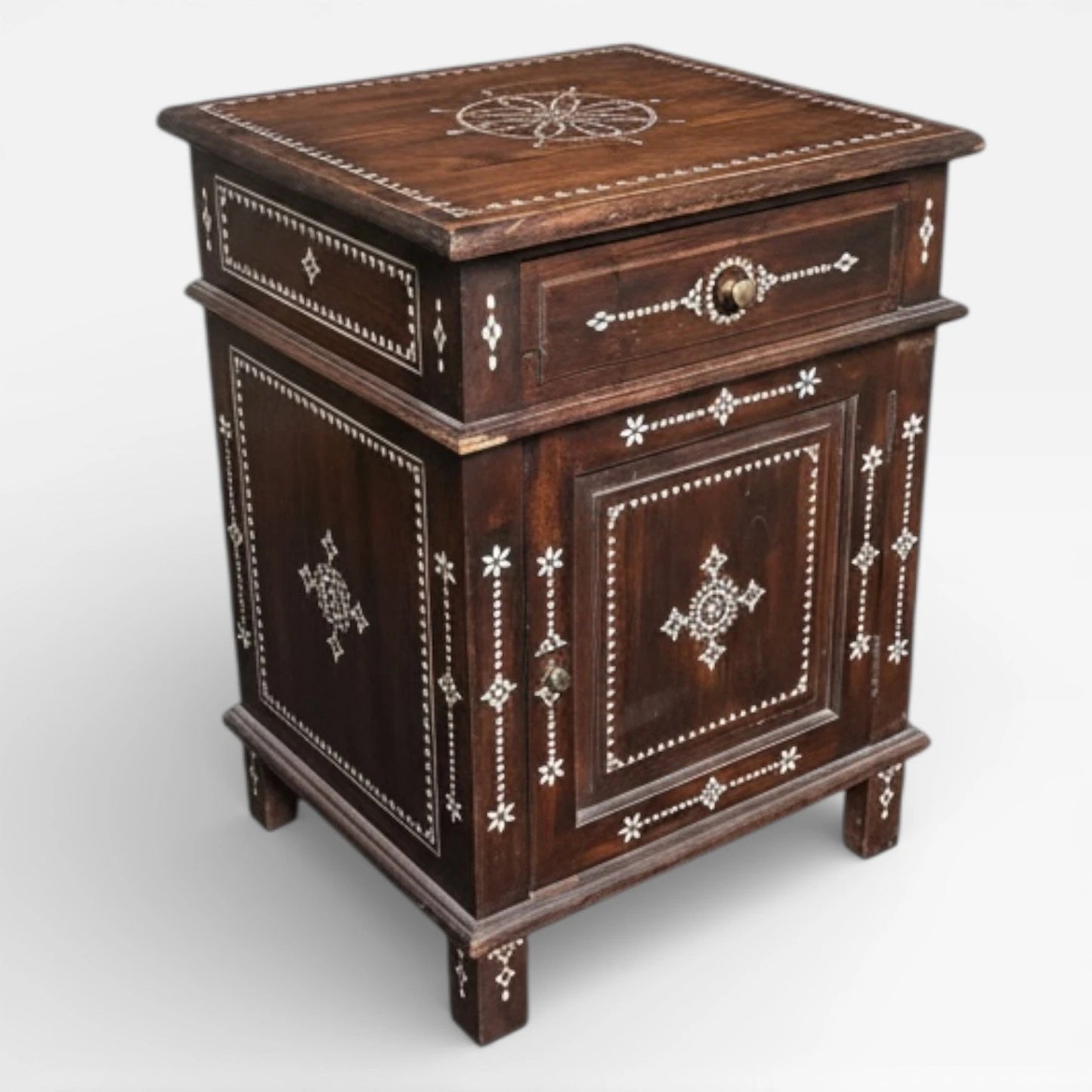 Syrian Mahogany Bedside Cabinet – Handcrafted 19th Century Furniture with Mother of Pearl Inlay