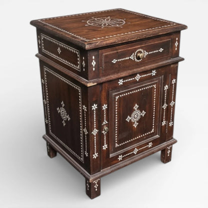 Syrian Mahogany Bedside Cabinet – Handcrafted 19th Century Furniture with Mother of Pearl Inlay