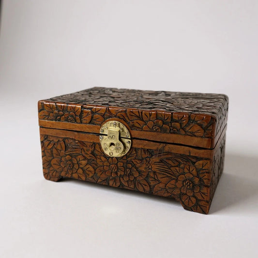 Vintage Hand-Carved Wooden Jewelry Box with Brass Clasp