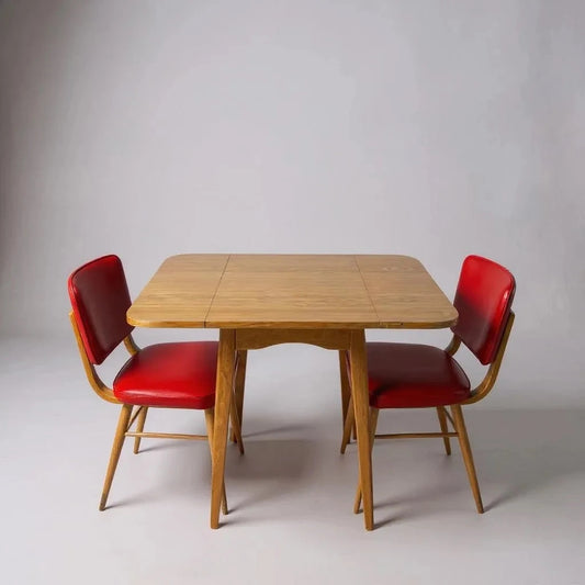 Mid Century Modern Taupe Formica Drop Leaf Table & Red Vinyl Chairs Dining Set